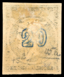 Stamp of Greece » Large Hermes Heads » 1875-80 Printed on cream paper with figures at back 20 Lep blue, full original gum, with wide margins all around