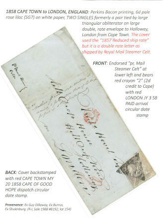 Stamp of South Africa » Cape of Good Hope 1858 CAPE TOWN to LONDON, ENGLAND: Perkins Bacon printing,