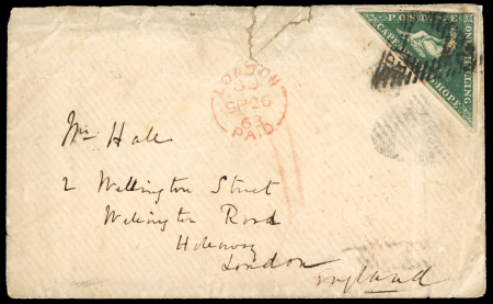 Stamp of South Africa » Cape of Good Hope 1863 CAPE TOWN to LONDON, Perkins Bacon 1 Schilling Emerald