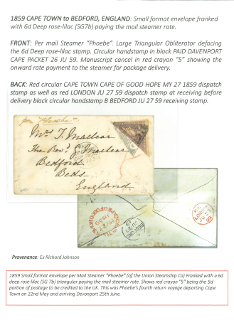Stamp of South Africa » Cape of Good Hope 1859 CAPE TOWN to BEDFORD, ENGLANDSmall format envelope