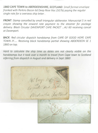 Stamp of South Africa » Cape of Good Hope 1860 Cape Town to Scotland, small format envelope franked with Perkins Bacon 6d deep rose-lilac