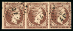 Stamp of Greece » Large Hermes Heads » 1861 Paris print 1 Lepta chocolate used horizontal strip of three