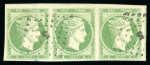 Stamp of Greece » Large Hermes Heads » 1861 Paris print 5 Lep green  horizontal strip of three, used in Corinth