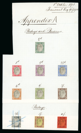Stamp of South Africa » Transvaal » 1902-03 Watermark Crown CA » Imperforate Colour Trials “Appendix A” dated “1st October 1901”, bearing 1d. (7) with black centres and similar 2/6d. trials