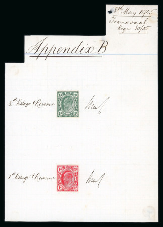 Stamp of South Africa » Transvaal » 1905-09 Watermark Multiple Crown CA Monocolours » Imperforate Colour Trials 1905 "Appendix B" dated “8th May 1905” bearing 1d. in green and scarlet