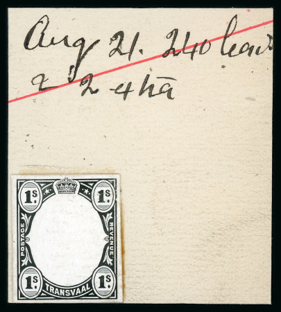 Stamp of South Africa » Transvaal » 1902-03 Watermark Crown CA » Die Proofs 1901-02 De La Rue striking book pieces, with head-only and 1/2d to £5 frame-only set of fourteen die proofs with additional 1s and 2s