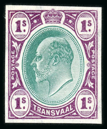 Stamp of South Africa » Transvaal » 1902-03 Watermark Crown CA » Imperforate Colour Trials Proposals for £1 and £5: 1/- in green and violet, the colour of the issued £1