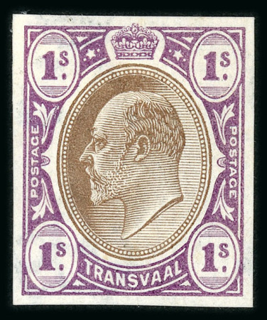 Stamp of South Africa » Transvaal » 1902-03 Watermark Crown CA » Imperforate Colour Trials Proposals for £1 and £5: 1/- (2) with heads in brown and frames in olive-bistre and in dull lilac