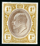Stamp of South Africa » Transvaal » 1902-03 Watermark Crown CA » Imperforate Colour Trials Proposals for £1 and £5: 1/- (2) with heads in brown and frames in olive-bistre and in dull lilac