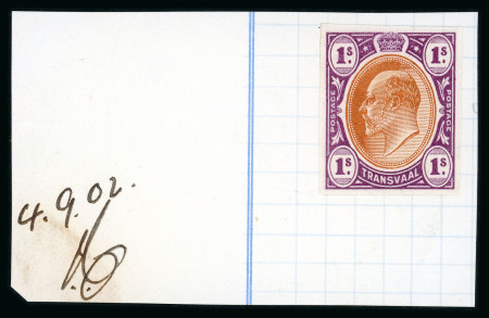 Stamp of South Africa » Transvaal » 1902-03 Watermark Crown CA » Imperforate Colour Trials Proposals for £1 and £5: 1/- in orange-brown and violet, the colour of the issued £5
