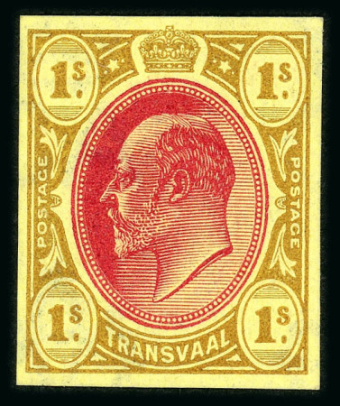 Stamp of South Africa » Transvaal » 1902-03 Watermark Crown CA » Imperforate Colour Trials Proposals for £1 and £5: 1/- in red and brown on yellow