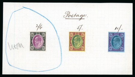 Stamp of South Africa » Transvaal » 1902-03 Watermark Crown CA » Imperforate Colour Trials Appendix E. 2/6d. (3), in purple and black, green and purple on yellow and in black and purple on blue, all affixed to piece