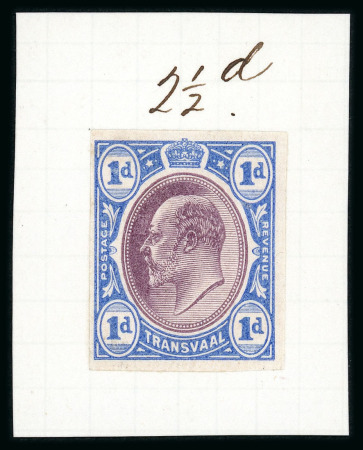 Stamp of South Africa » Transvaal » 1902-03 Watermark Crown CA » Imperforate Colour Trials Appendix E: 1d. in dull purple and blue, affixed to small archive piece marked “2 ½d”