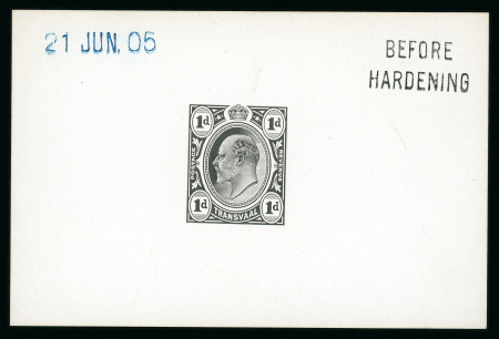 Stamp of South Africa » Transvaal » 1905-09 Watermark Multiple Crown CA Monocolours » Die Proofs 1d De La Rue die proof in black on glazed card (92x60mm), endorsed "BEFORE HARDENING”