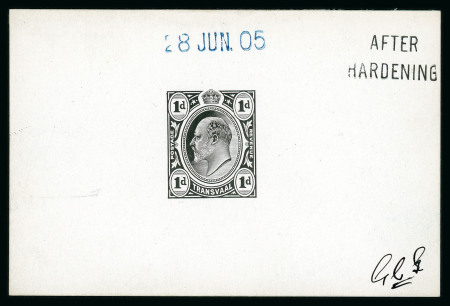 Stamp of South Africa » Transvaal » 1905-09 Watermark Multiple Crown CA Monocolours » Die Proofs 1d De La Rue die proof in black on glazed card (92x60mm), endorsed "AFTER HARDENING”