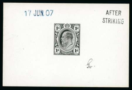 Stamp of South Africa » Transvaal » 1905-09 Watermark Multiple Crown CA Monocolours » Die Proofs 1d De La Rue die proof in black on glazed card (92x60mm), endorsed "AFTER STRIKING",