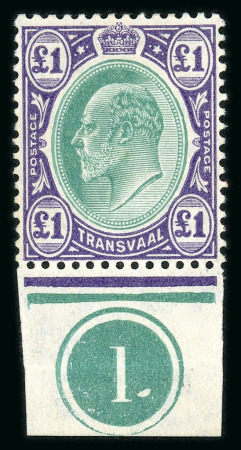 Stamp of South Africa » Transvaal » 1904-09 Watermark Multiple Crown CA  » Issued Stamps  1904-09 Watermark Multiple Crown CA £1 green and violet on chalk-surfaced paper, marginal with plate number
