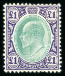 Stamp of South Africa » Transvaal 1902-03 wmk CA £1 and 1908 multi CA £1 on chalk-surfaced paper, fine mint (S.G. £675).