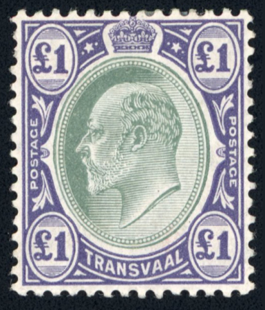Stamp of South Africa » Transvaal » 1904-09 Watermark Multiple Crown CA  » Issued Stamps  1904-09 Watermark Multiple Crown CA £1 green and violet on chalk-surfaced paper, mint.