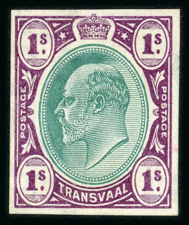 Stamp of South Africa » Transvaal » 1902-03 Watermark Crown CA » Imperforate Colour Trials Proposals for £1 and £5: 1/- in green and violet, the colour of the issued £1