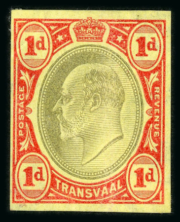 Stamp of South Africa » Transvaal » 1902-03 Watermark Crown CA » Imperforate Colour Trials Appendix C: 1d. (2) on yellow paper with heads in grey-black and frames in red and in green