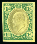 Stamp of South Africa » Transvaal » 1902-03 Watermark Crown CA » Imperforate Colour Trials Appendix C: 1d. (2) on yellow paper with heads in grey-black and frames in red and in green