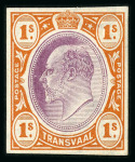 Stamp of South Africa » Transvaal » 1902-03 Watermark Crown CA » Imperforate Colour Trials Proposals for £1 and £5: 1/- (2) with heads in dull purple and frames in orange-brown and in olive-bistre