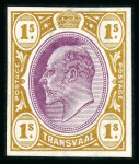 Stamp of South Africa » Transvaal » 1902-03 Watermark Crown CA » Imperforate Colour Trials Proposals for £1 and £5: 1/- (2) with heads in dull purple and frames in orange-brown and in olive-bistre