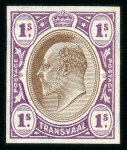 Stamp of South Africa » Transvaal » 1902-03 Watermark Crown CA » Imperforate Colour Trials Proposals for £1 and £5: 1/- (2) with heads in brown and frames in olive-bistre and in dull lilac