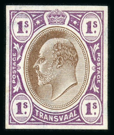 Stamp of South Africa » Transvaal » 1902-03 Watermark Crown CA » Imperforate Colour Trials Proposals for £1 and £5: 1/- (2) with heads in brown and frames in olive-bistre and in dull lilac