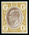 Stamp of South Africa » Transvaal » 1902-03 Watermark Crown CA » Imperforate Colour Trials Proposals for £1 and £5: 1/- (2) with heads in brown and frames in olive-bistre and in dull lilac