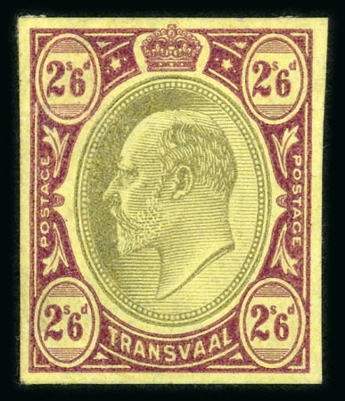 Stamp of South Africa » Transvaal » 1902-03 Watermark Crown CA » Imperforate Colour Trials Appendix A: 2/6d in black and purple on yellow, the colour of the issued 5/-