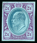 Stamp of South Africa » Transvaal » 1902-03 Watermark Crown CA » Imperforate Colour Trials Appendix C: 2/6d. (3) with heads in black and frames in yellow, blue-green and in purple on blue