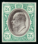 Stamp of South Africa » Transvaal » 1902-03 Watermark Crown CA » Imperforate Colour Trials Appendix C: 2/6d. (3) with heads in black and frames in yellow, blue-green and in purple on blue