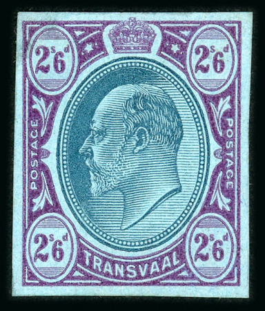 Stamp of South Africa » Transvaal » 1902-03 Watermark Crown CA » Imperforate Colour Trials Appendix C: 2/6d. (3) with heads in black and frames in yellow, blue-green and in purple on blue