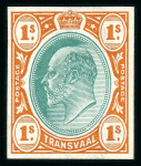 Stamp of South Africa » Transvaal » 1902-03 Watermark Crown CA » Imperforate Colour Trials Proposals for £1 and £5: 1/- (2) with heads in blue-green with frames in orange-brown and in bistre