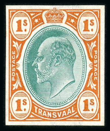 Stamp of South Africa » Transvaal » 1902-03 Watermark Crown CA » Imperforate Colour Trials Proposals for £1 and £5: 1/- (2) with heads in blue-green with frames in orange-brown and in bistre