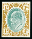 Stamp of South Africa » Transvaal » 1902-03 Watermark Crown CA » Imperforate Colour Trials Proposals for £1 and £5: 1/- (2) with heads in blue-green with frames in orange-brown and in bistre