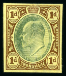 Stamp of South Africa » Transvaal » 1902-03 Watermark Crown CA » Imperforate Colour Trials Appendix C: 1d. with heads in blue-green and frames in red on yellow, brown on yellow and blue on blue