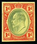 Stamp of South Africa » Transvaal » 1902-03 Watermark Crown CA » Imperforate Colour Trials Appendix C: 1d. with heads in blue-green and frames in red on yellow, brown on yellow and blue on blue