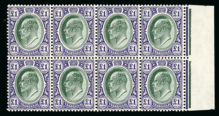 Stamp of South Africa » Transvaal » 1904-09 Watermark Multiple Crown CA  » Issued Stamps  £1 green and violet on chalk surfaced paper, a mint n.h. marginal block of eight