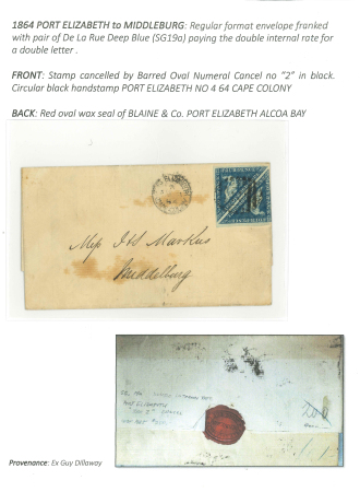 Stamp of South Africa » Cape of Good Hope 1864 (Nov 4) wrapper from Port Elizabeth to Middleburg franked with pair of 4d De La Rue deep blue