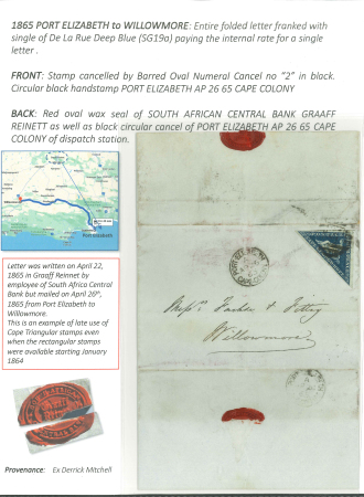 Stamp of South Africa » Cape of Good Hope 1865 (Apr 26) Entire letter from Port Elizabeth to Willmore franked with single De La Rue 4d deep blue
