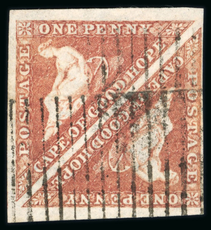 Stamp of South Africa » Cape of Good Hope 1855-63 1d deep rose-red in cream toned paper with watermark sideways in pair cancelled with the Grahamstown roller cancel