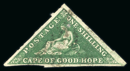 Stamp of South Africa » Cape of Good Hope 1855-63 1s deep dark green showing "unofficially rouletted" margins, cancelled with a light CGH cancel