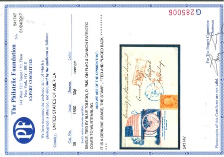 1861 PATRIOTIC COVER franked by 1860 30c orange