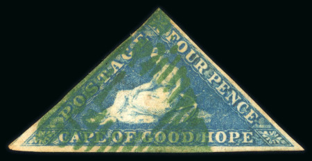 Stamp of South Africa » Cape of Good Hope 1855-63 Perkins Bacon 4d blue on white paper, fine to very large margins, cancelled by green triangular “CGH” cancellation