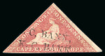 Stamp of South Africa » Cape of Good Hope 1855-63, lot of four triangular issues 6d slate lilac, 1d rose, 1d brownish red (2), showing various examples of the revenue cancellations