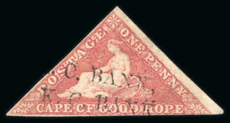 Stamp of South Africa » Cape of Good Hope 1855-63, lot of four triangular issues 6d slate lilac, 1d rose, 1d brownish red (2), showing various examples of the revenue cancellations