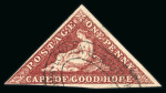 Stamp of South Africa » Cape of Good Hope 1855-63, lot of four triangular issues 6d slate lilac, 1d rose, 1d brownish red (2), showing various examples of the revenue cancellations